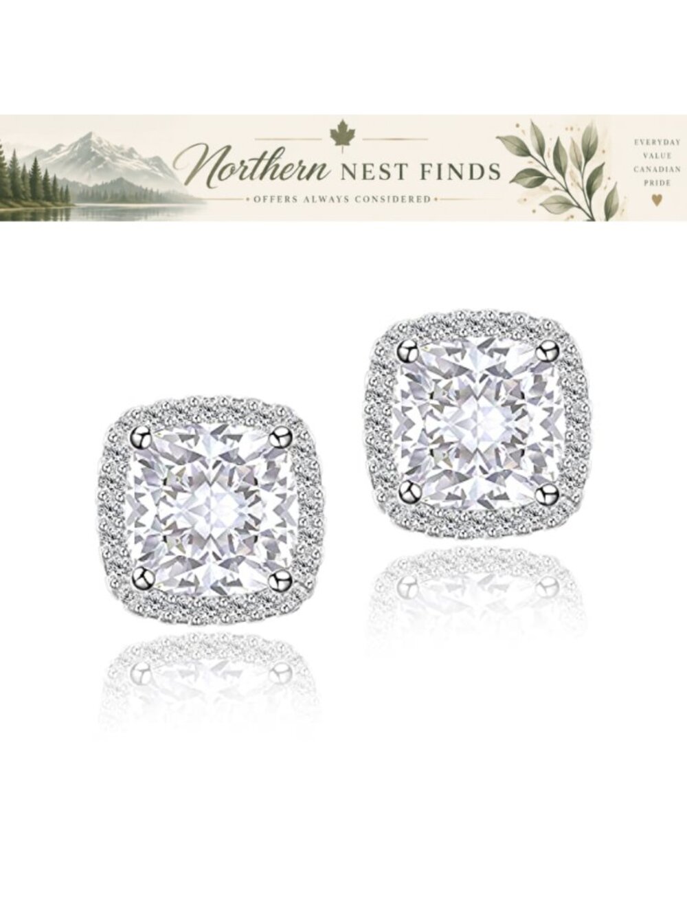 Square CZ Halo Stud Earrings White Gold Plated Hypoallergenic